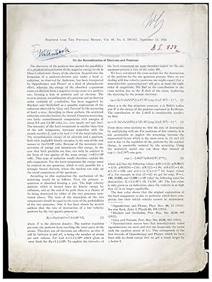 Immagine del venditore per On the recombination of electrons and protons. Offprint from Gerlach's library venduto da Jeremy Norman's historyofscience