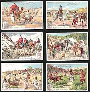 6 Sammelbilder Liebig, Serie Nr.: 746, Nomadenvölker, Sioux-Indianer, Beduinen, Ziegeuner, Kalmüc...