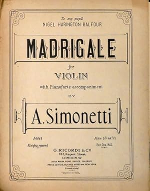 Image du vendeur pour Madrigale fr Violin with Pianoforte accompaniment mis en vente par Paul van Kuik Antiquarian Music