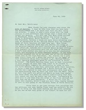 [Typed Letter Signed by Historian Evangeline W. Andrews, discussing North Carolina and the Publis...