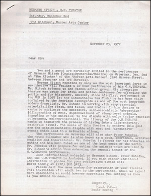 Bild des Verkufers fr Press Release for Hermann Nitsch : O.M. Theater at The Kitchen zum Verkauf von Specific Object / David Platzker