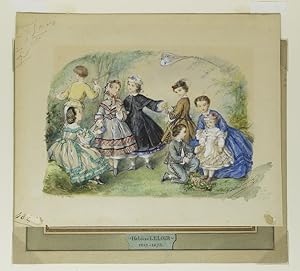 Watercolor of 8 Children playing, one boy flying a kite, a little boy giving flowers to a little ...