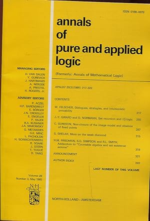 Imagen del vendedor de Annals of pure and applied logic (Formerly: Annals of Mathematical Logic). Volume 28, Number 3, May 1985 a la venta por Sylvain Par