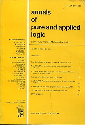 Imagen del vendedor de Annals of pure and applied logic (Formerly: Annals of Mathematical Logic). Volume 26, Number 1, February 1984 a la venta por Sylvain Par