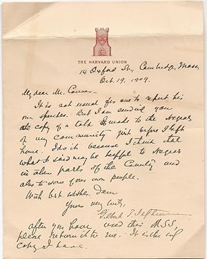 Seller image for 1909 Harvard Professor Letter about Improving Race Relations between African Americans and whites across America for sale by Max Rambod Inc
