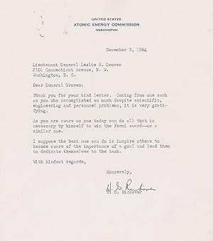 Rickover writes to Groves on Atomic Energy Commission Letterhead