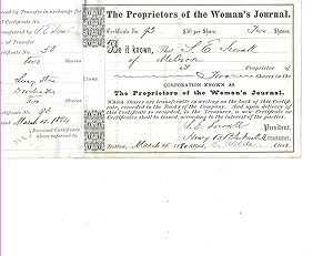 Very Rare Stock Certificate Signed by both Lucy Stone and Henry Blackwell for the Women's Journal