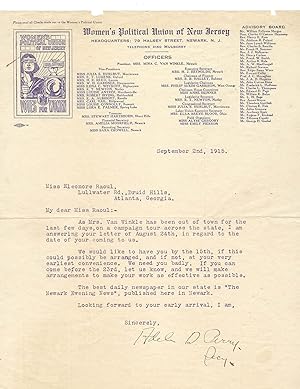 1915 Women's Political Union of New Jersey letter on "a campaign tour across the state"