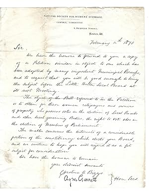 Early Women's Suffrage Leaders Autograph letter signed Petition for "Right to Vote in the electio...