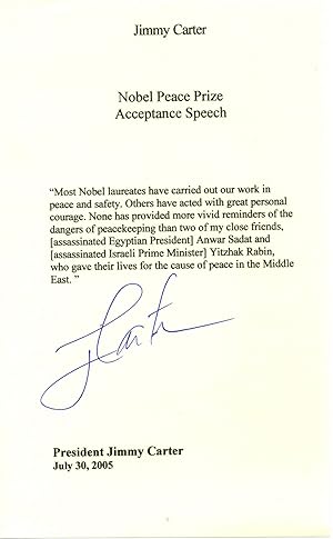 Jimmy Carter Signed Excerpt from Nobel Peace Prize Speech, Memorializing Anwar Sadat and Yitzak R...