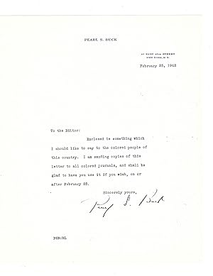 Pearl Buck Typed Letter Signed on "Something Which I should Like to Say to the Colored People of ...