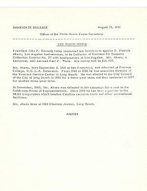 JFK White House Original press release