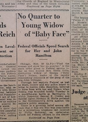 Original 1934 Newspaper -- Baby Face Nelson is Killed in Shootout and the FBI Hunts for his Young...