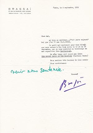 Letter from Brassai about his new photography book "The Secret Paris of the Thirties" and his Upc...