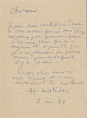 Imagen del vendedor de Henri Matisse's Handwritten Response to a Request to Pose for a Painting a la venta por Max Rambod Inc