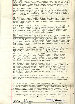 Irving Stone Contract for the Publication of his book "The Passionate Journey" in Sweden