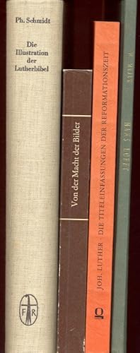 Image du vendeur pour (4 Titel zu "Reformation und Bilder":) I: Schmidt, Ph.: Die Illustration der Lutherbibel 1522 - 1700. Ein Stck abendlndische Kultur und Kirchengeschichte. II: Ullmann, E. (Hg.): Von der Macht der Bilder. Beitrge des C.I.H.A.-Kolloquiums "Kunst und Reformation". III: Luther, J.: Die Titeleinfassungen der Reformationszeit. Mit Verbesserungen und Ergnzungen von Josef Benzing, Helmut Claus und Martin von Hase. 3 Lieferungen in 1 Band. IV: Mejer,H.: Der Buchdrucker Hans Lufft zu Wittenberg. mis en vente par Antiquariat Buechel-Baur