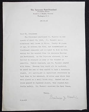 Type letter, signed by journalist Frederic J. Haskin on Syracuse Post-Standard letterhead