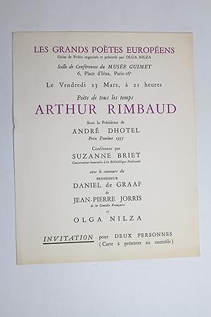 Image du vendeur pour Carton d'invitation pour le gala de posie organis par Olga Nilza concernant Arthur Rimbaud mis en vente par Librairie Le Feu Follet