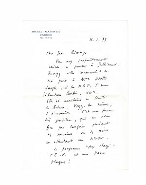 Lettre autographe datée, signée et adressée à Jean Rimeize