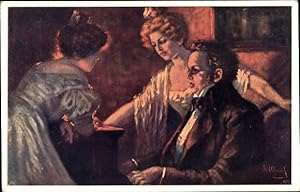 Künstler Ansichtskarte / Postkarte Ulreich, Fr., Schubert sitzt am Klavier und spielt vor zwei ju...
