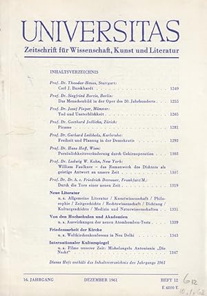 Image du vendeur pour Universitas 16. Jahrgang 1961 - Heft 12 - Zeitschrift fr Wissenschaft, Kunst und Literatur mis en vente par Versandantiquariat Nussbaum