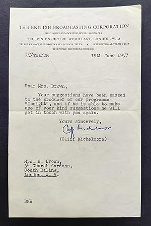 Image du vendeur pour Cliff Michelmore presenter of the BBC television programme Tonight 1957 - 1965. Typed & Signed Letter mis en vente par Matthew Nutt Antiquarian Books