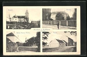 Ansichtskarte Budisov, Zamek, Kostel, Socha Panny Marie, Skola