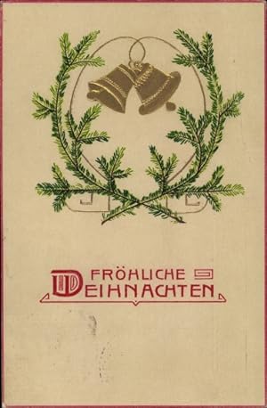Jugendstil Ansichtskarte / Postkarte Frohe Weihnachten, Tannenzweige, Glocken