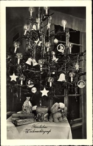 Ansichtskarte / Postkarte Frohe Weihnachten, Tannenbaum, Geschenke, Stoffhund