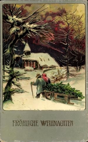 Ansichtskarte / Postkarte Frohe Weihnachten, altes Paar zieht Schlitten mit Tannenbaum zur Kirche