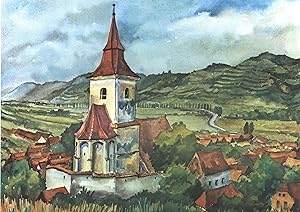 Image du vendeur pour Agirbiciu - Arbegen, Kirchenburg in Siebenbrgen,Kunstdruck nach einem Aquarell. mis en vente par Antiquariat Kastanienhof