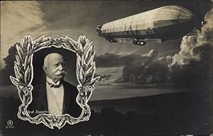 Ansichtskarte / Postkarte Luftschiff im Flug, Portrait Graf Zeppelin, Lorbeerkranz