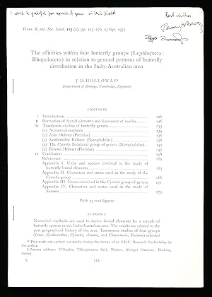 Image du vendeur pour The affinities within four butterfly groups (Lepidoptera: Rhopalocera) in relation to general patterns of butterfly distribution in the Indo-Australian area mis en vente par Paradox Books USA