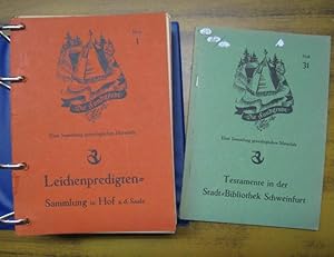 Immagine del venditore per Die Leichenpredigten. - Aus : Die Fundgrube, 1955 - 1963, Hefte 1, 14, 16, 16 Erg., 17, 19, 20, 25, 28 und 31 ( in Ergnzung zu Heft 25 ). - Enthalten: Sammlung in Hof a. d. Saale / Sammlung des FRANCISCEUMs in Zerbst / Sammlung im Besitz der ev.-luth. St. Mang - Kirche in Kempten, Allgu ( auch einige Hochzeitspredigten ), dazu ein Ergnzungsheft mit einem Register / Sammlung im Besitz des Kreiskirchenamtes Meiningen / . im Besitz der Christian-Weise-Bibliothek in Zittau, Sachsen / . in Schleusingen / . im Besitz der Stadt-Bibliothek in Schweinfurt / . im Besitz des Stadtarchivs Augsburg. - Eine Sammlung genealogischen Materials. venduto da Antiquariat Carl Wegner