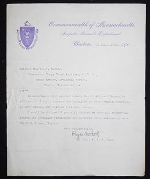 Typed letter, signed by Lt. Col. Roger Wolcott, Assistant Inspector General, to Col. Charles P. N...