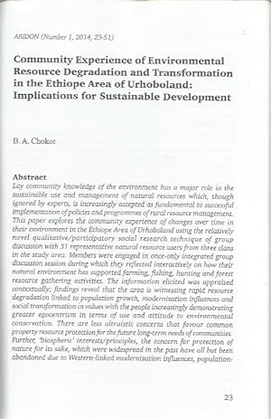 Seller image for Community Experience of Environmental Resource Degradation and Transformation in the Ethiope Area of Urhoboland: Implications for Sustainable Development (in Aridon. International Journal of Urhobo Studies No 1, 2014) for sale by Black Rock Books