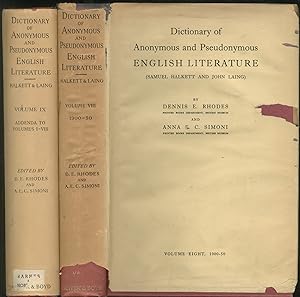 Immagine del venditore per Dictionary of Anonymous and Pseudonymous English Literature (Samuel Halkett and John Laing). Volumes Eight and Nine venduto da Between the Covers-Rare Books, Inc. ABAA