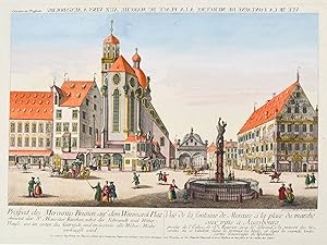 Image du vendeur pour AUGSBURG. - Weinmarkt. "Prospect des Mercurius Brunnen auf dem Weinmarck Plaz ohnweit der St. Maurizer Kirchen nebst der Schrandt und Weber-Hau.". Vorne der Merkurbrunnen von Adriaen de Vries, daneben das Weberhaus mit den Fresken von Matthias Kager, links der Chor der Moritzkirche. mis en vente par Peter Bierl Buch- & Kunstantiquariat Inh.: Andrea Bierl