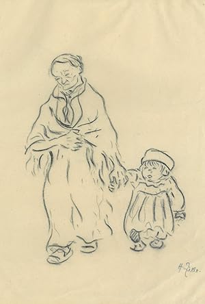 ZILLE HEINRICH (1858 - 1929). Alte Frau mit Kind. Eine ärmlich gekleidete alte Frau führt ein kle...