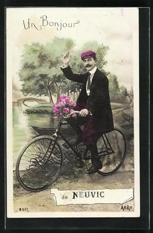 Ansichtskarte Neuvic, Radfahrer am Fluss grüssend