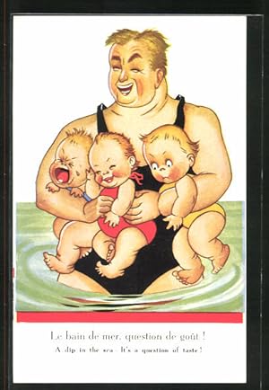 Seller image for Ansichtskarte lachender Vater mit drei Kindern beim Schwimmen for sale by Bartko-Reher