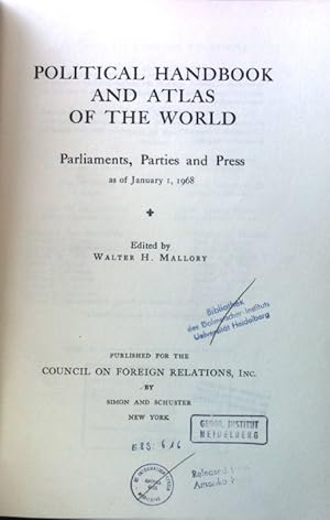 Bild des Verkufers fr Political Handbook and Atlas of the World. Parliaments, Parties and Press as of January 1, 1968; zum Verkauf von books4less (Versandantiquariat Petra Gros GmbH & Co. KG)