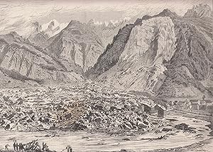 Der Bergsturz von Elm am 11. September 1881. Ansicht der Unglücksstelle. Rechts die noch unbeschä...