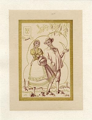 "BERRY : Couple en costume régional" / Pochoir original sur papier calque entoilé (début 1900)