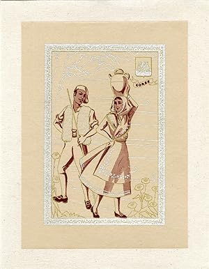 "CORSE : Couple en costume régional" / Pochoir original sur papier calque entoilé (début 1900)