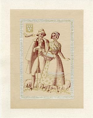 "MARCHE : Couple en costume régional" / Pochoir original sur papier calque entoilé (début 1900)