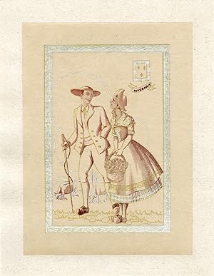 "NIVERNAIS : Couple en costume régional" / Pochoir original sur papier calque entoilé (début 1900)