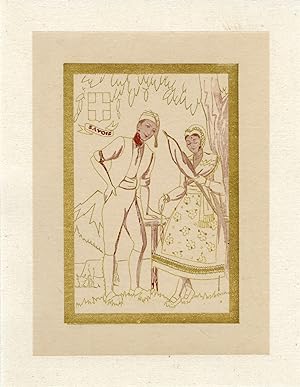 "SAVOIE : Couple en costume régional" / Pochoir original sur papier calque entoilé (début 1900)
