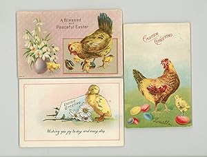 Image du vendeur pour Easter Postcards, lot of three used cards, 1 with Duckling, 1 with hen, eggs and chick, 1 with hen, chicks and white snowdrop flowers. 3 Cute Easter Post Cards with Barnyard Fowls. mis en vente par Brothertown Books